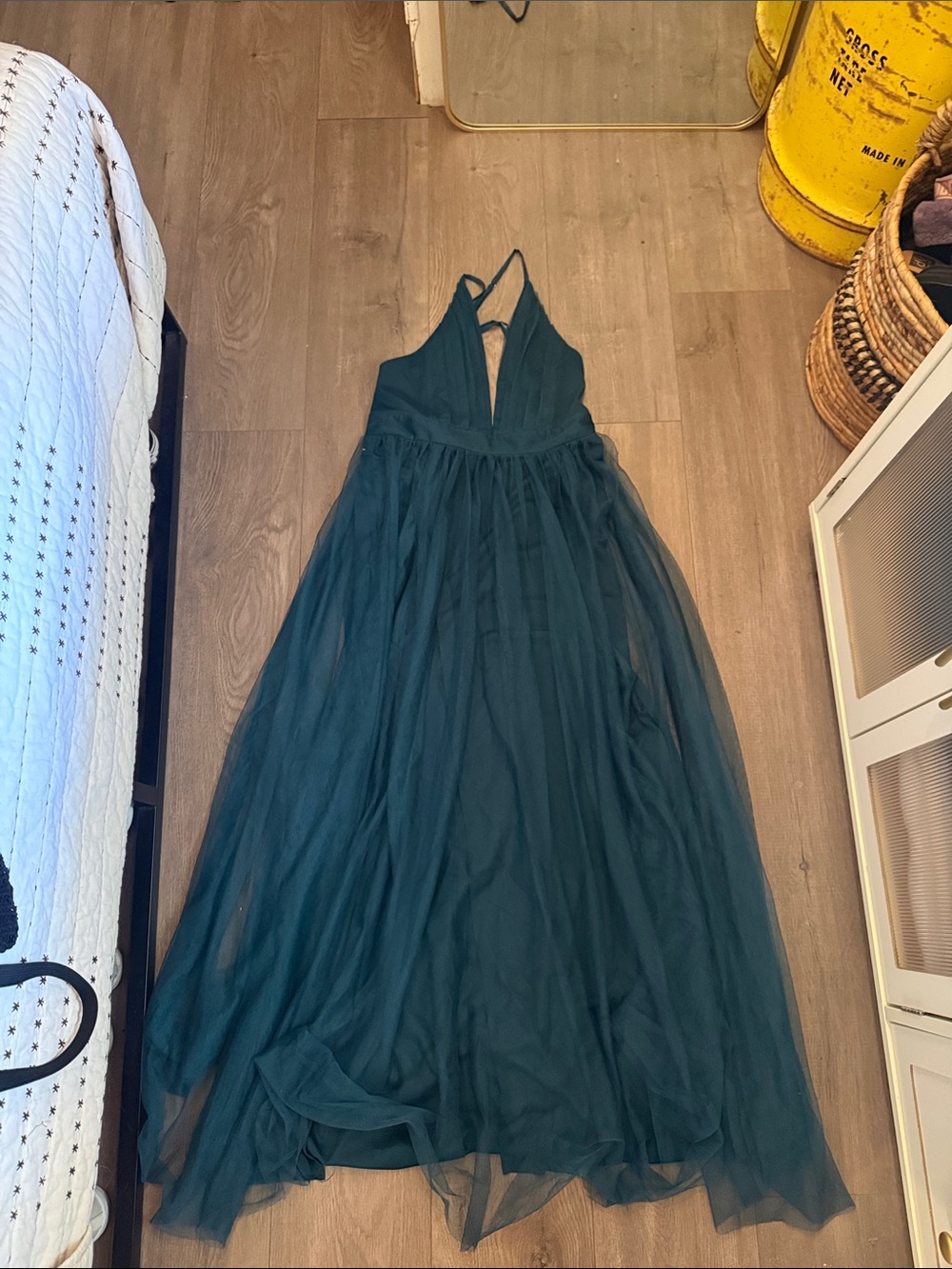 Deep Teal Tulle Maxi Dress with V-Neck and Strappy Back